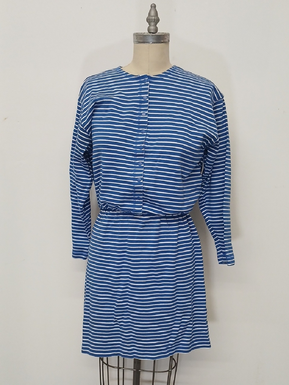 Vintage  FADS Blue and White Striped Long Sleeve Dress / Size M